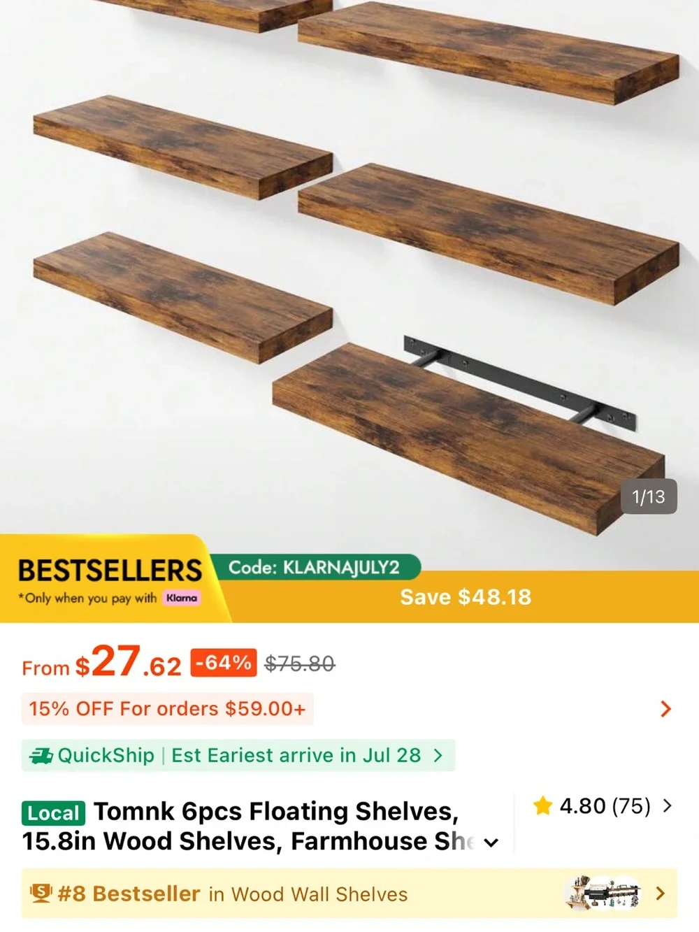Rustic Floating Wood Shelf - Distressed Brown
